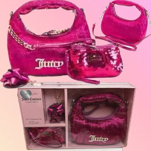 Juicy Couture Logo Fuchsia Pink Sequin Hobo Handbag-Wrislet-Keychain 3-Pc Set - Picture 1 of 6